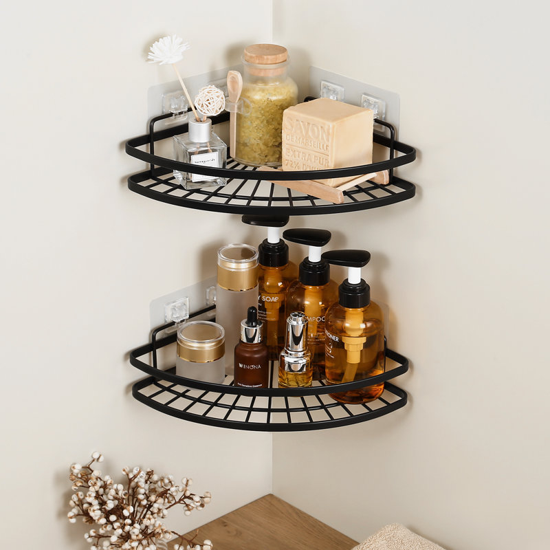 (Ensemble de 2) Coin de chariot de douche, Tablette de coin de douche auto-adhésive, Organisateur de douche en acier inoxydable noir mat