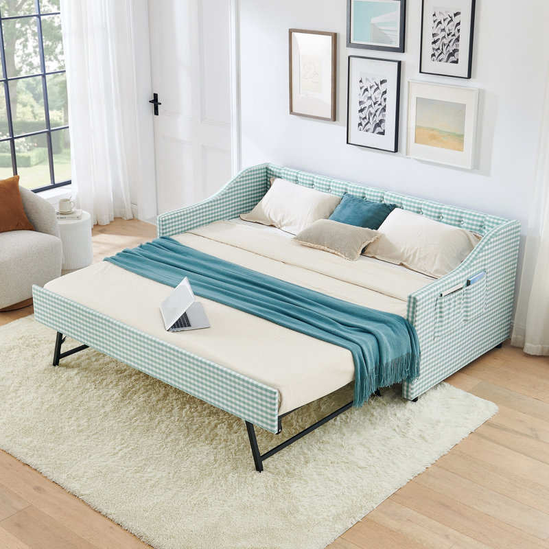 Lit de jour simple, lit de jour convertible rembourré avec dossier capitonné, canapé-lit polyvalent 3 en 1 avec lit gigogne escamotable et rangement latéral, parfait pour les petits espaces