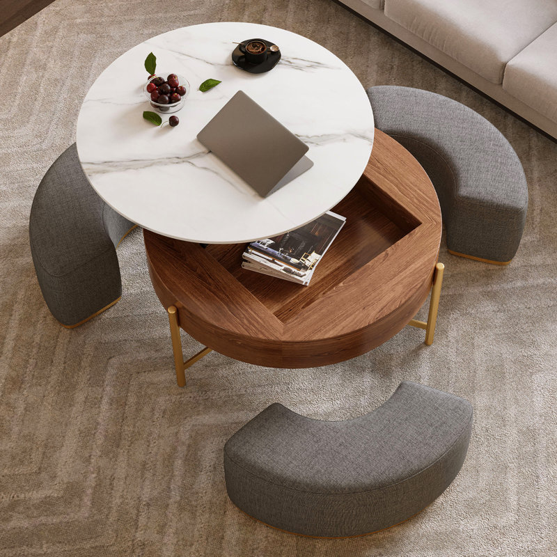 Table basse à plateau relevable avec tabourets gigognes, surface en faux marbre extensible avec rangement dissimulé, pieds en acier inoxydable doré, ensemble de 3 repose-pieds pour le salon