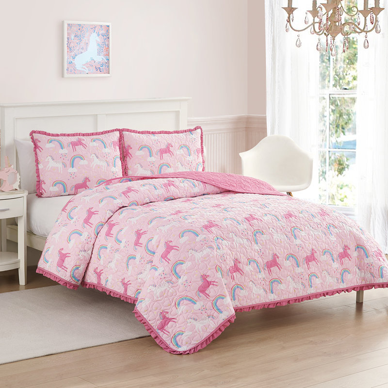 Ensemble de courtepointe réversible en microfibre rose ALEX + BELLA Unicorn Parade, Courtepointe simple + 1 taie décorative