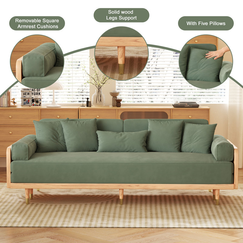 Grimpante Horta Green Corduroy Sofa Bed With Wood Frame, Wood
