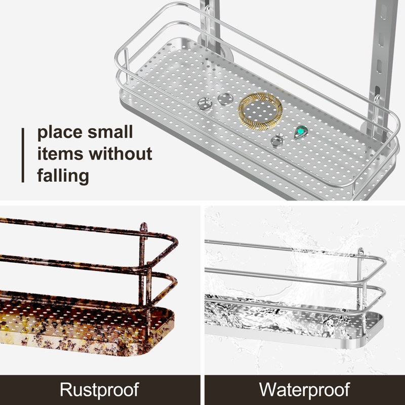 Support de rangement pour garde-manger au-dessus de la porte avec des crochets fiables, support de rangement pour panier de douche robuste, tablettes de salle de bain extra larges, argent