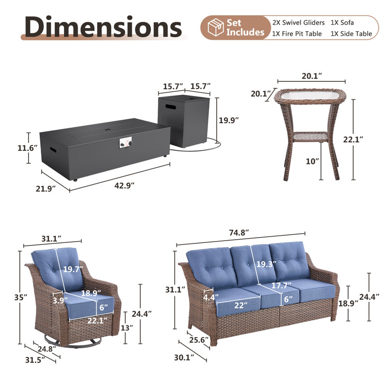 Acton 5-Piece Outdoor Wicker Patio Conversation Set With Swivel Chairs And Metal Fire Pit, Blue