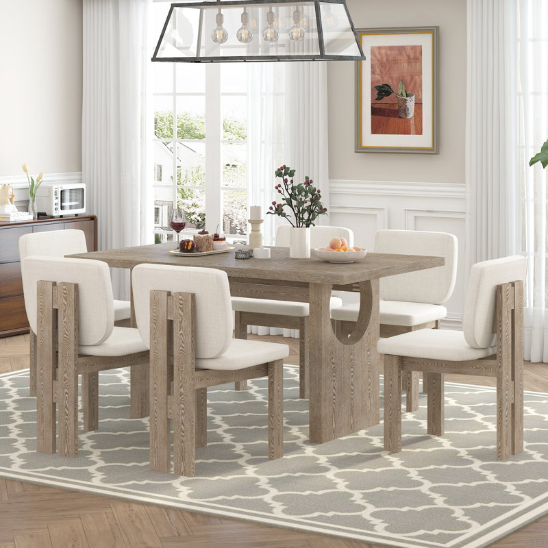 Ensemble de table de salle à manger rétro 7 pièces pour 6 personnes, ensemble de table de salle à manger en bois de 60 po pour 6 personnes avec chaises rembourrées et base à tréteaux conçue pour la cuisine et la salle à manger