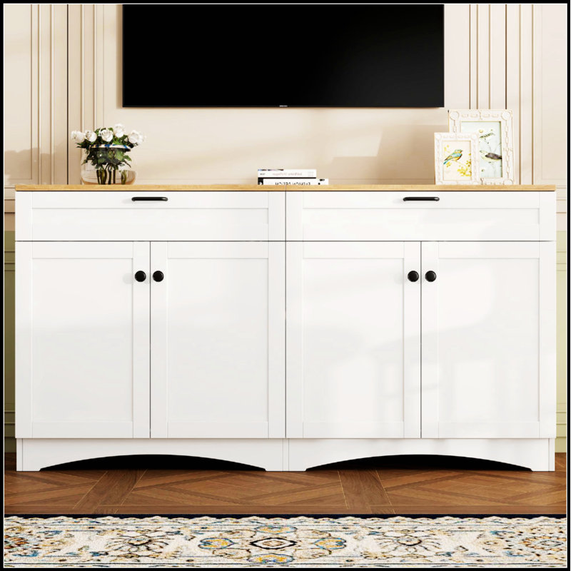 Farmhouse TV Stand with 2 Drawers for TVs Up to 70, Versatile Wood Grain Sideboard with Adjustable Shelves, Mid-Century Buffet Cabinet