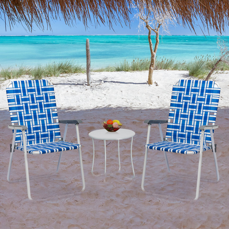 2 pièces Tube en acier PP à sangles 120Kg Chaise de plage pliante bande bleue et blanche