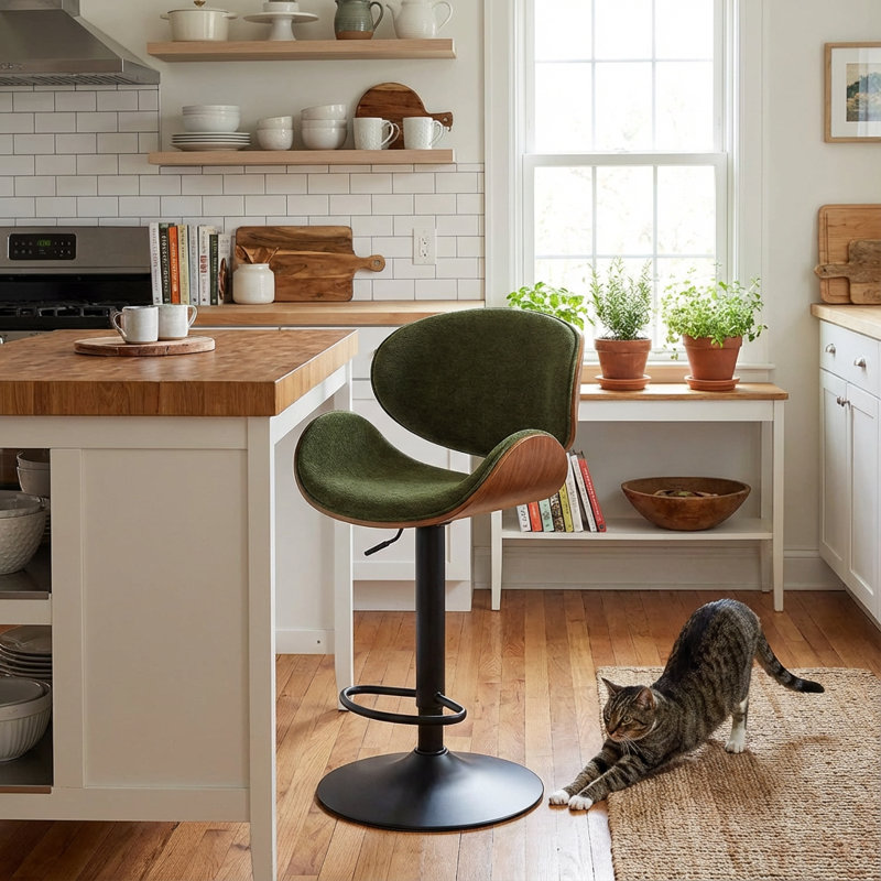Modern Upholstered Swivel 24”H Barstool, Adjustable Height Counter Stool With Bentwood, Boucle Upholstered Bar Stool With Metal Frame