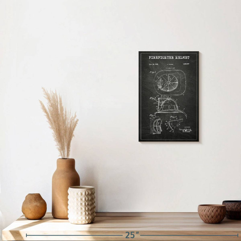 Firefighter Helmet BW Patent Canvas Print, 8" H x 12" W x 1" D
