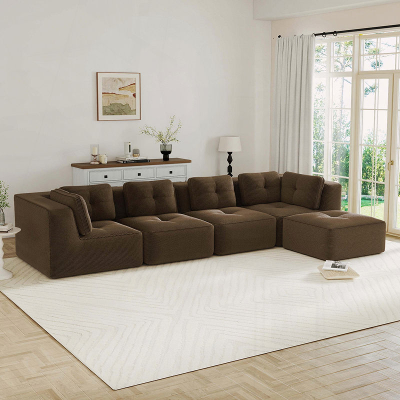 Canapé modulaire modulaire en velours côtelé, assise profonde, sans assemblage, conception antidérapante, Brun