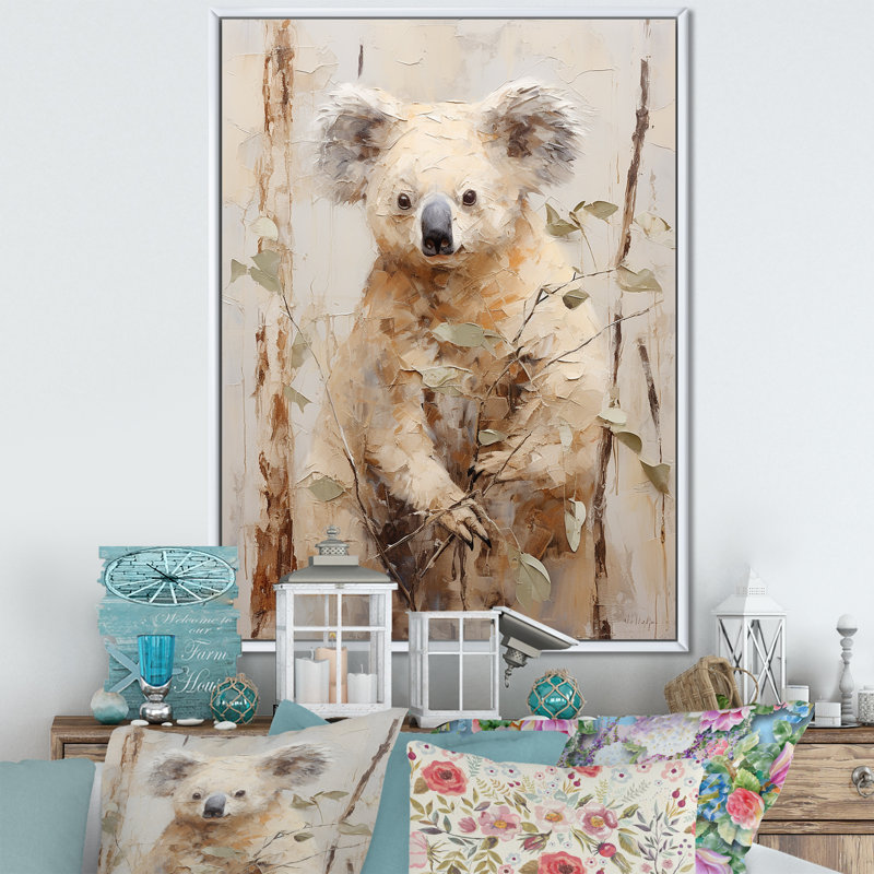 Koala douillet qui grimpe sur toile, H 44 po x l 34 po x P 1,5 po, Cadre flottant blanc