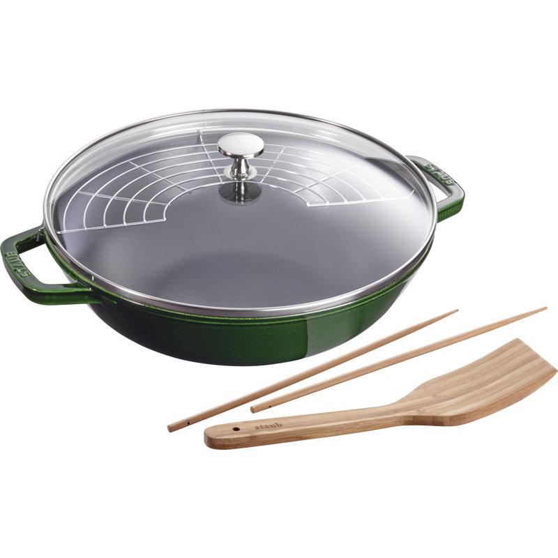 STAUB Cast Iron Non-Stick Wok, 30cm, Basil