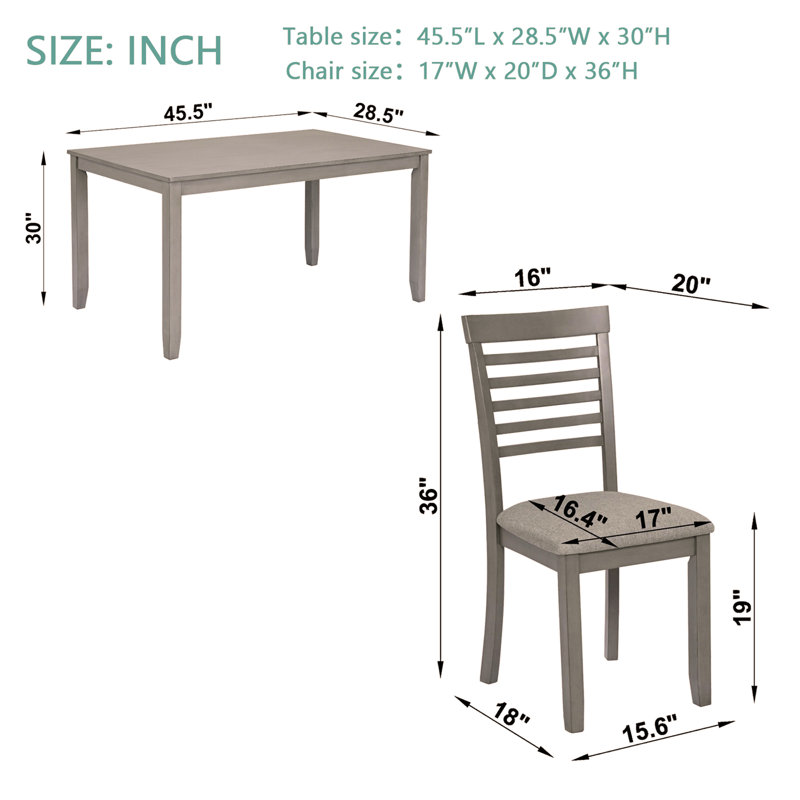 Ensemble de salle à manger moderne 5 pièces, table de salle à manger rectangulaire en bois avec 4 chaises rembourrées pour la cuisine, la salle à manger, gris
