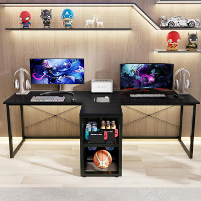 Bureau double de 235 cm de large avec étagères de rangement, bureau de jeu deux places avec support pour boîtier PC, idéal pour le télétravail ou le bureau à domicile.