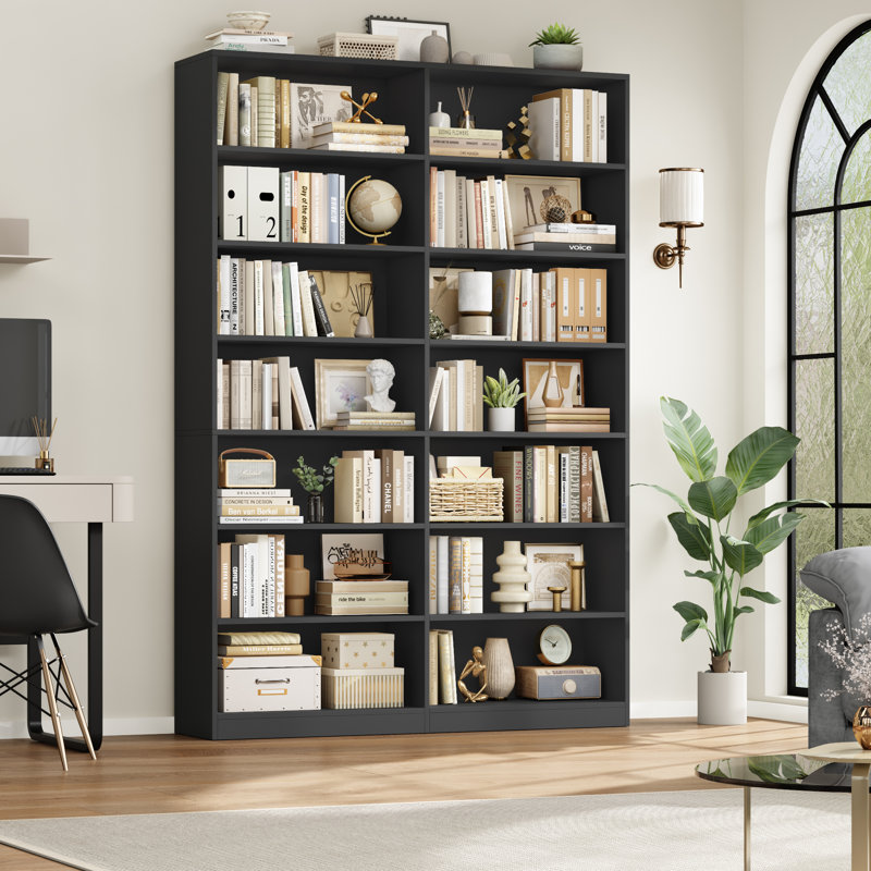Beetner 84"H X 46"W Double Wide Standard Bookcase, 7-Tier Open Bookcase, 14-Cube Storage Shelf, Black