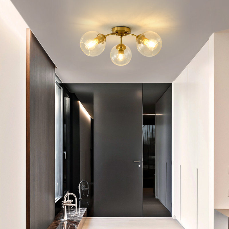 3-light Glass Semi Flush Mount, Brushed Gold