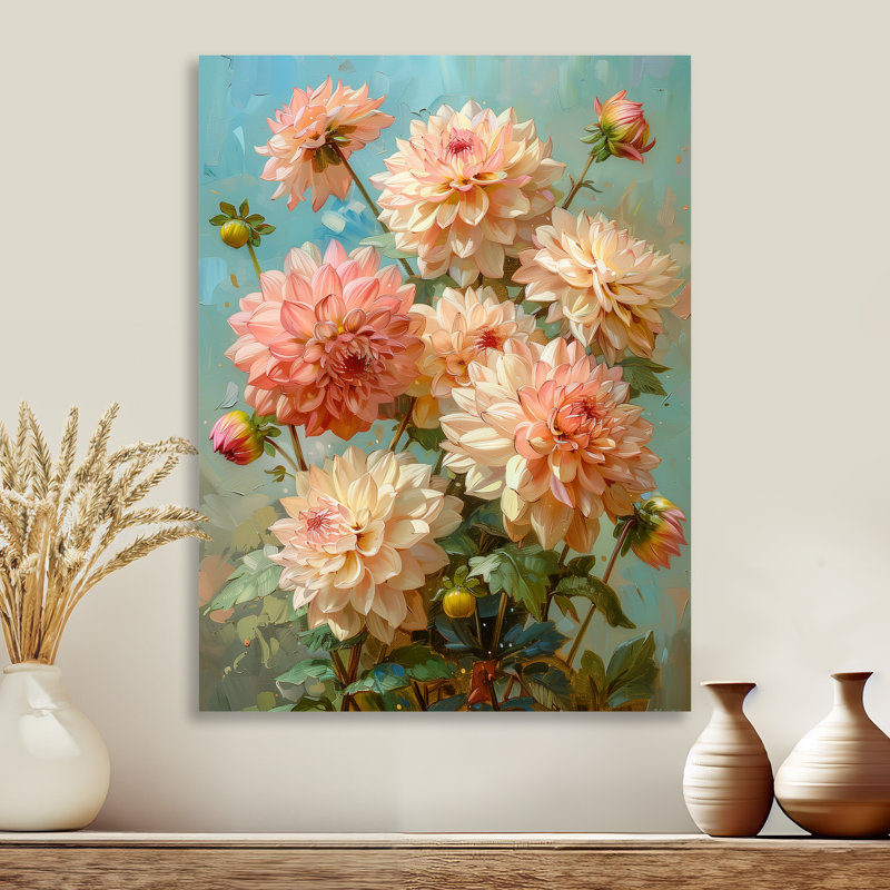 Dahlia rose rose vert été - décoration murale Dahlia, H 24 po x l 32 po, Cadre flottant noir