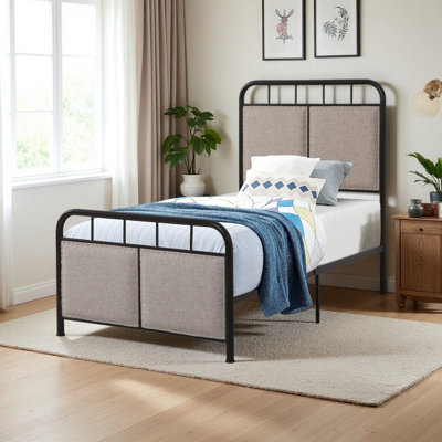 Base de lit simple tapissier en lin avec tête de lit et pied de lit en tissu