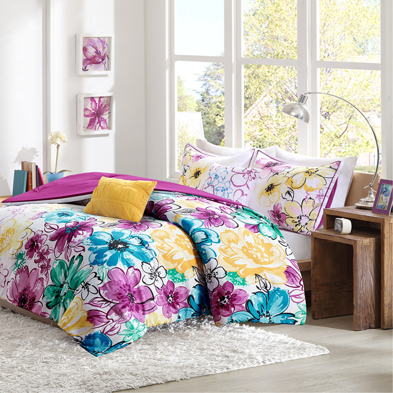 Ensemble d'édredon double / grand à motif floral, Bleu, Édredon grand / double + 4 pièces supplémentair