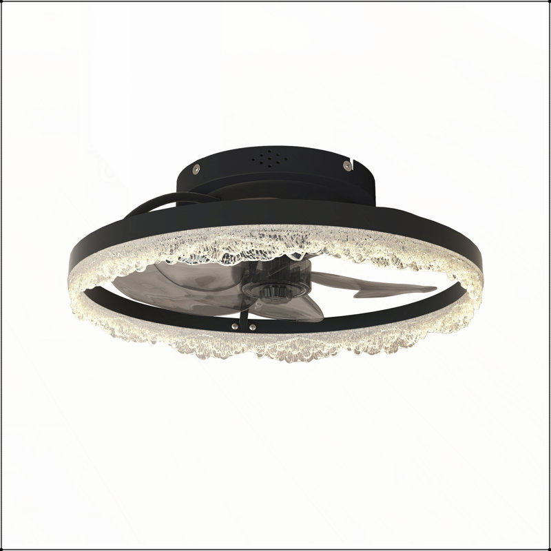 Ventilateur de plafond à DEL décoratif de 16 pouces - Plafonnier encastré moderne avec anneau en acrylique d'inspiration cristal, pales cachées et télécommande pour maisons élégantes