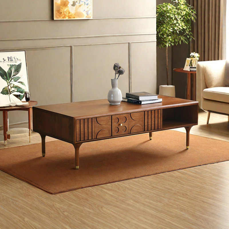 Rectangular solid wood carved drawer coffee table, 15.7" H x 47.2" L x 23.6" W