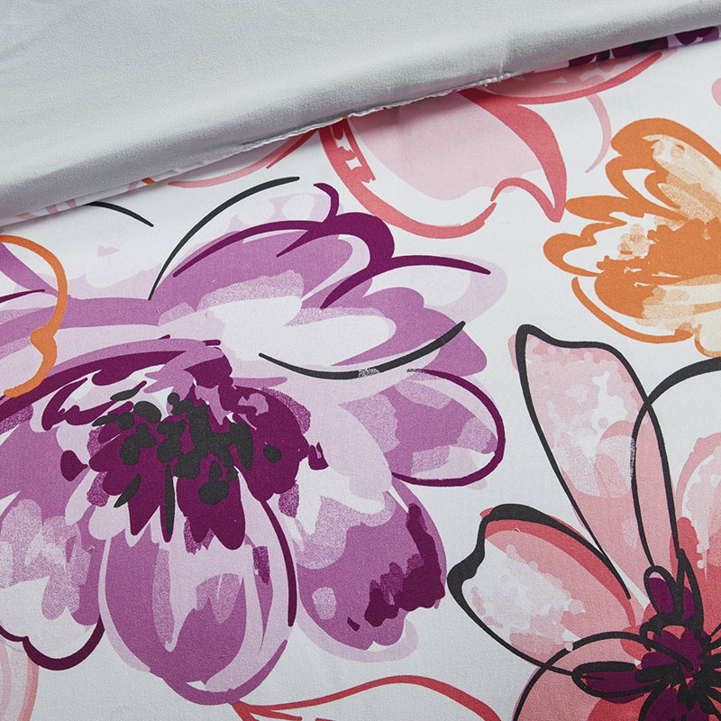 Édredon simple / simple TG et coussin, motif floral doux avec détails rose gris