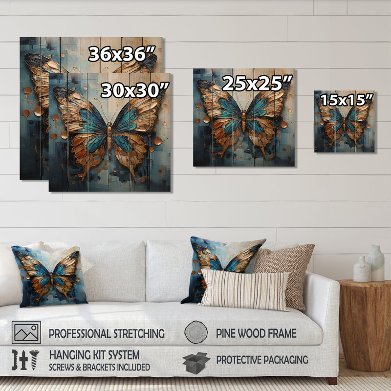 Papillon métallique doré et bleu I - Animal papillon sur bois, H 30 po x l 30 po