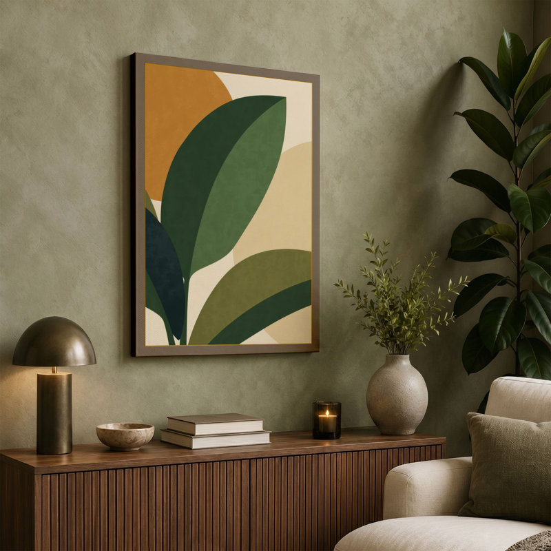 Leaves and Sun Mid-Century - Wrapped Canvas, 30x20 - 76.2 x 50.8 cm, Ochre Border