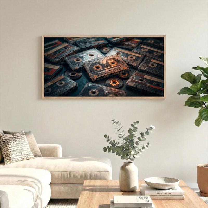 Ensemble de 1 tableau sur toile représentant des cassettes audio, L 58 po x H 28 po, Naturel