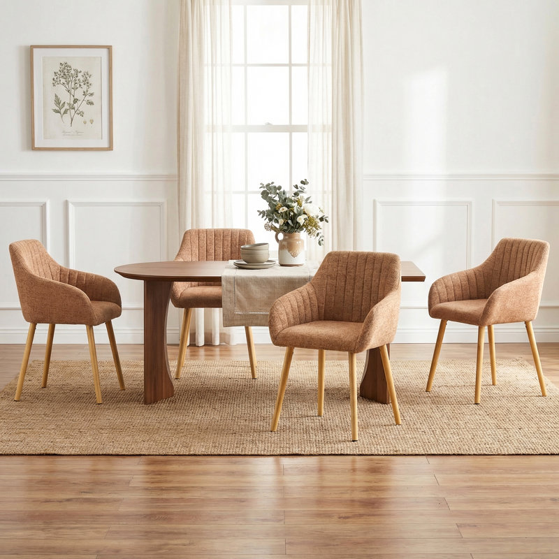 49.5cm H Upholstered Dining Chairs With Wooden Legs, 4, Camel Chenille/Natural