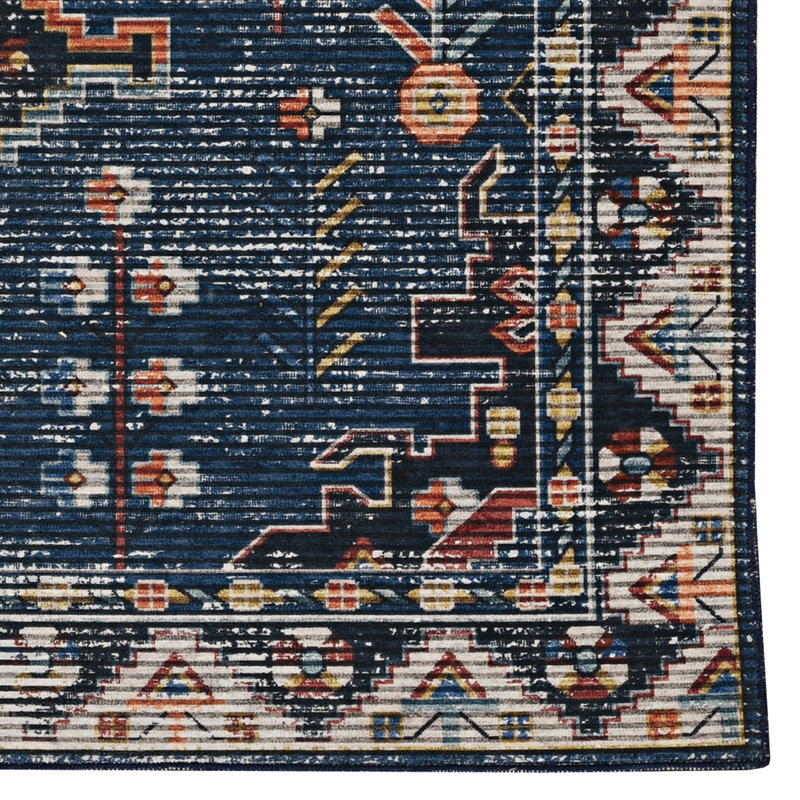 Tapis bleu sarcelle et ivoire lavable à la machine Alburnett, Rectangulaire 3 pi x 5 pi