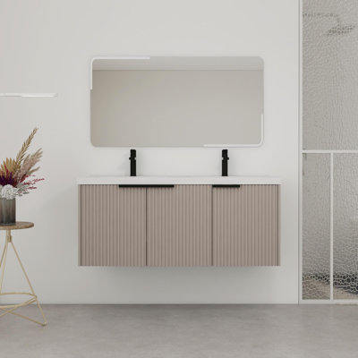 Meuble-lavabo mural 48 po avec lavabo double en résine et 3 portes à fermeture en douceur, emballage KD