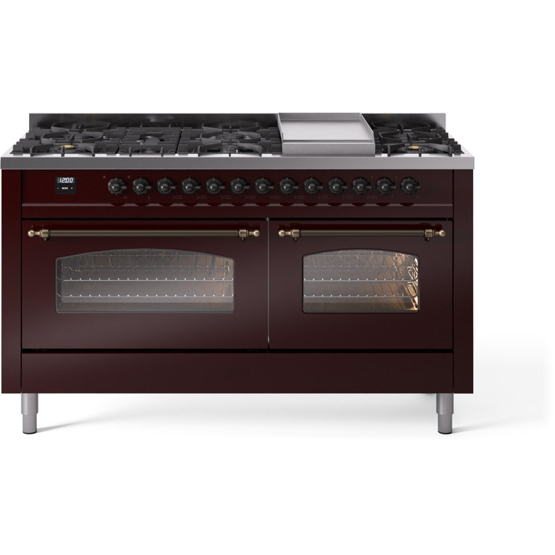 ILVE Nostalgie II 60 Dual Fuel Range, 9 Burners, Griddle, Burgundy/Bronze, Natural Gas