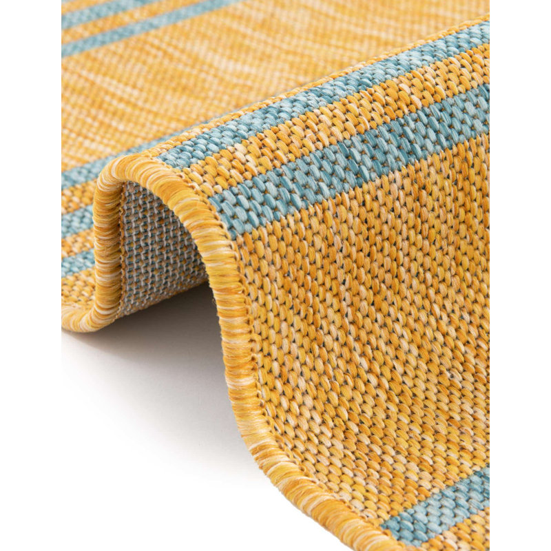 Yellow and Aqua Striped Outdoor Rectangular Rug 4' x 6'