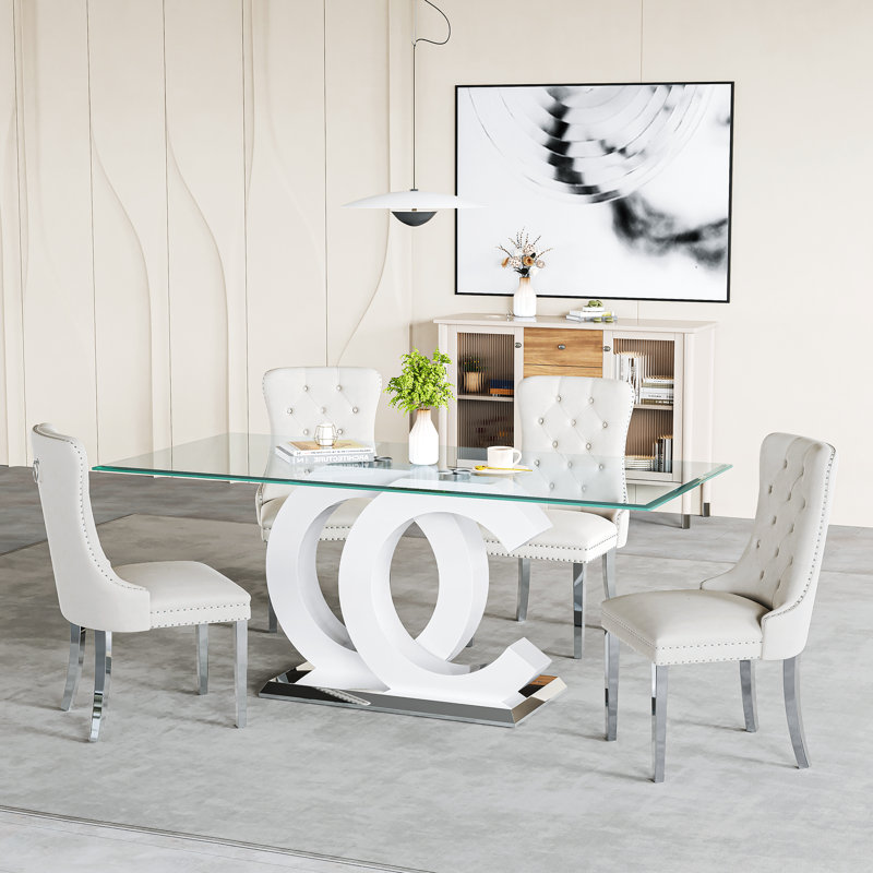 Ensemble repas, Blanc, Blanc / argenté, 5 pièces: table, 4 chaises