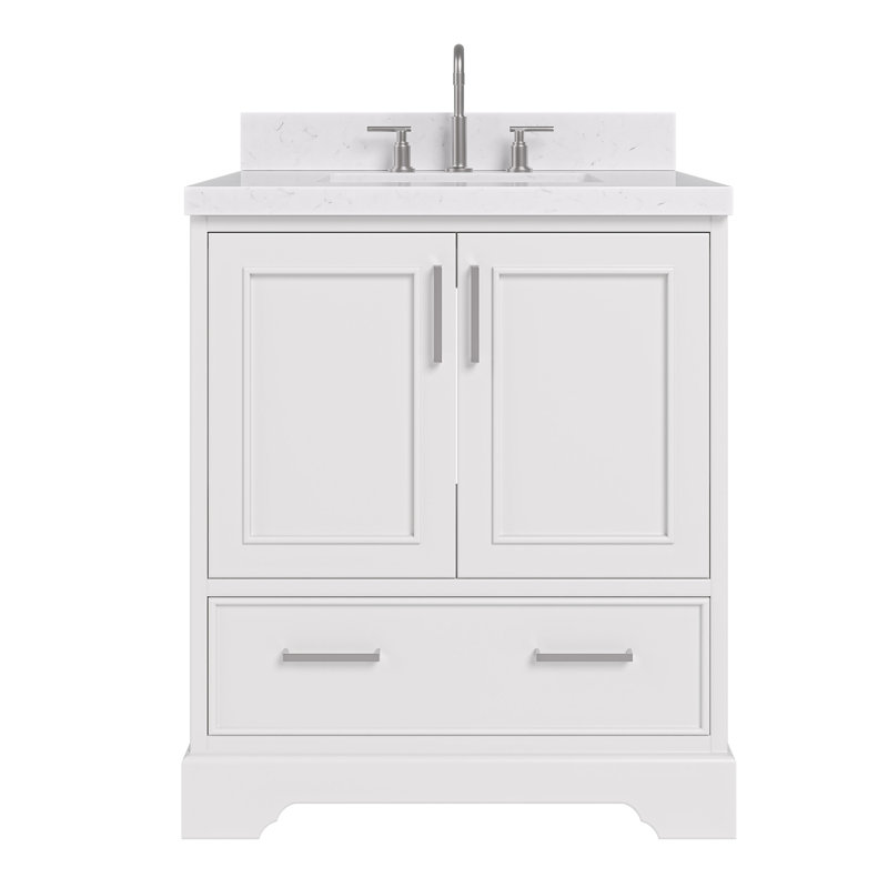 Meuble-lavabo simple avec plateau en quartz Abshire, Blanc