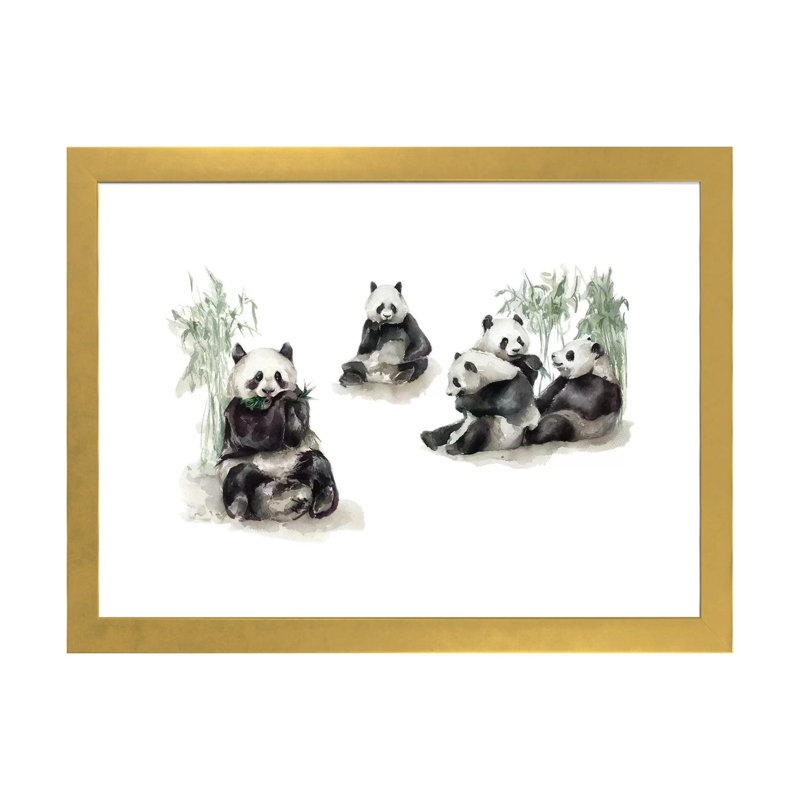 Pandas, H 16 po x l 24 po x P 1 po, Papier encadré doré