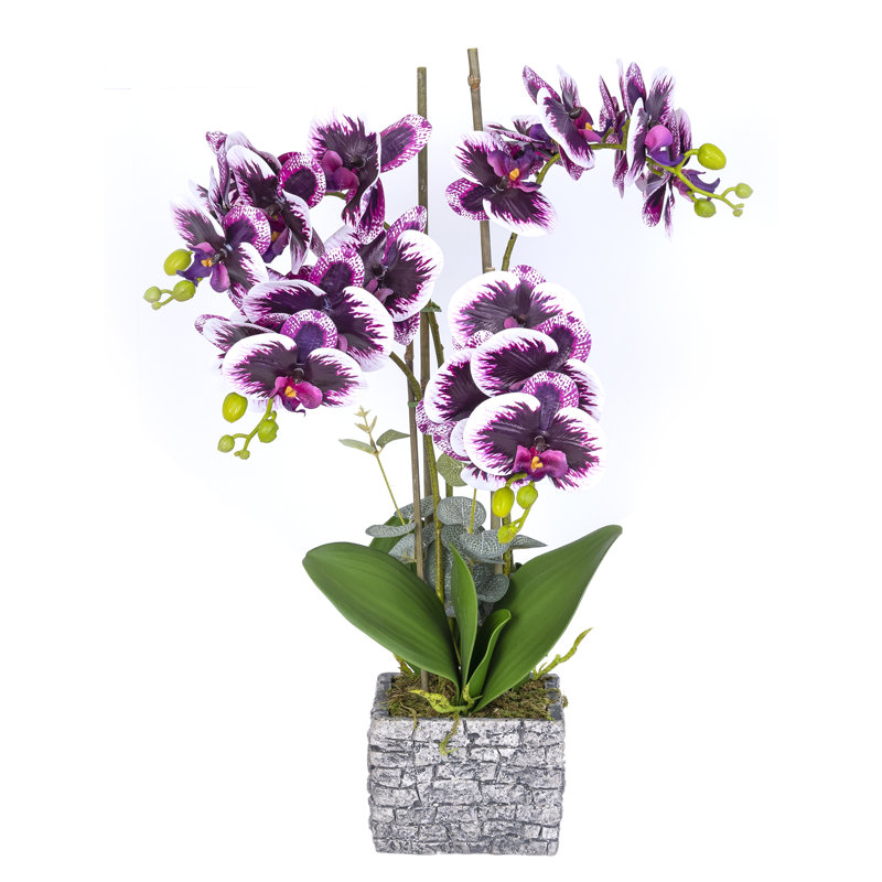 Faux orchidée mauve avec pot de fleurs en brique grise, H 20,5 po x l 15 po x P 9,4 po