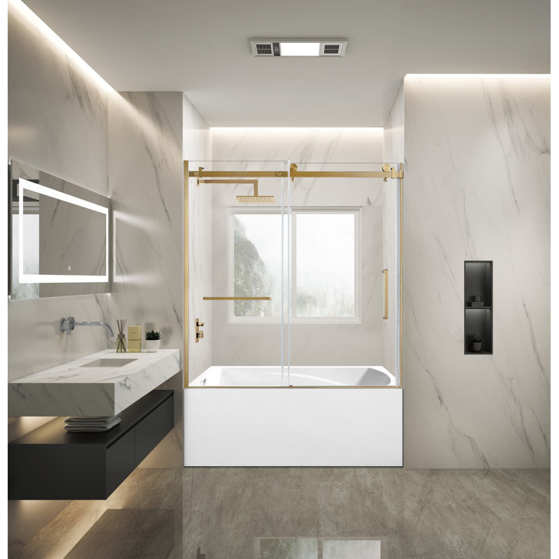 Kingston Brass 60-Inch Acrylic Rectangular 3-Wall Alcove Tub With Tub Door, Hand Drain, Brushed Brass, Left