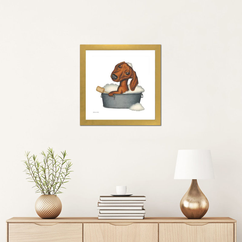«Dachshund Bath» par Danny Gordon - impression d'art graphique, Blanc, H 16 po x l 16 po x p 1 po, Papier encadré doré