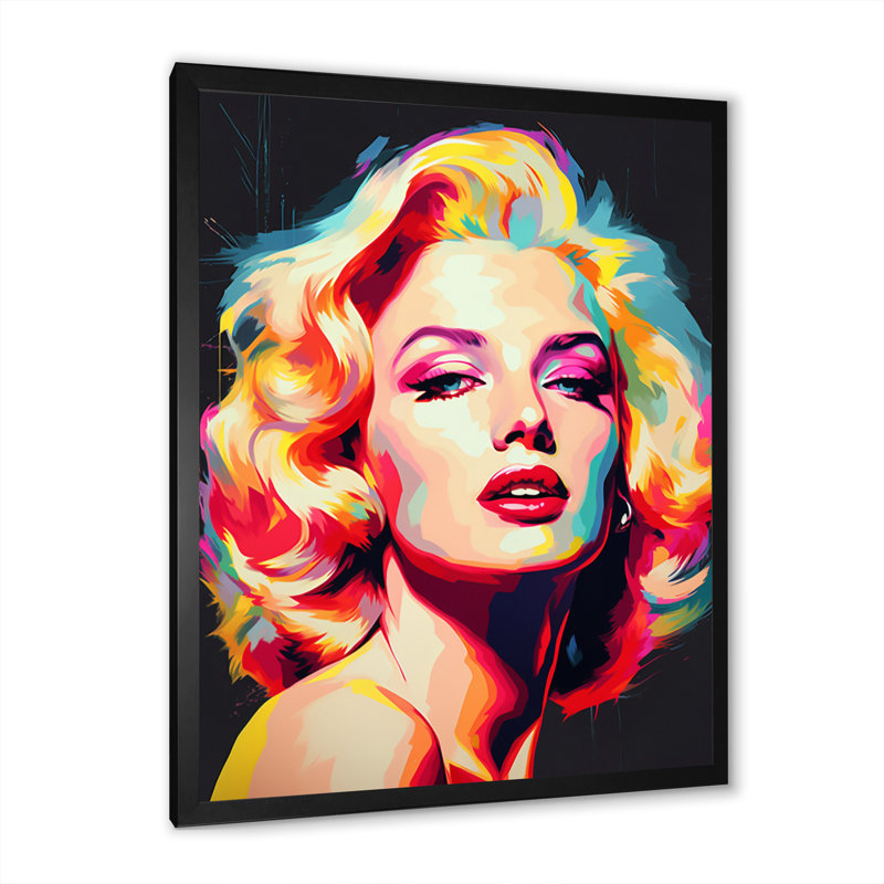 Pop Art Marilyn en couleur - art mural moderne, salon, H 32 po x l 16 po x P 1 po, Cadre photo noir