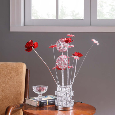 Aluminum 4 Red Roses 6 Petal Floral 2 Red/Silver Flower Bud On A 4 Squared Modern Hexagona Chrome Vase Table Lamp For Living Room, Nightstand Bedside Table Lamp For Bedroom, Led Lamp