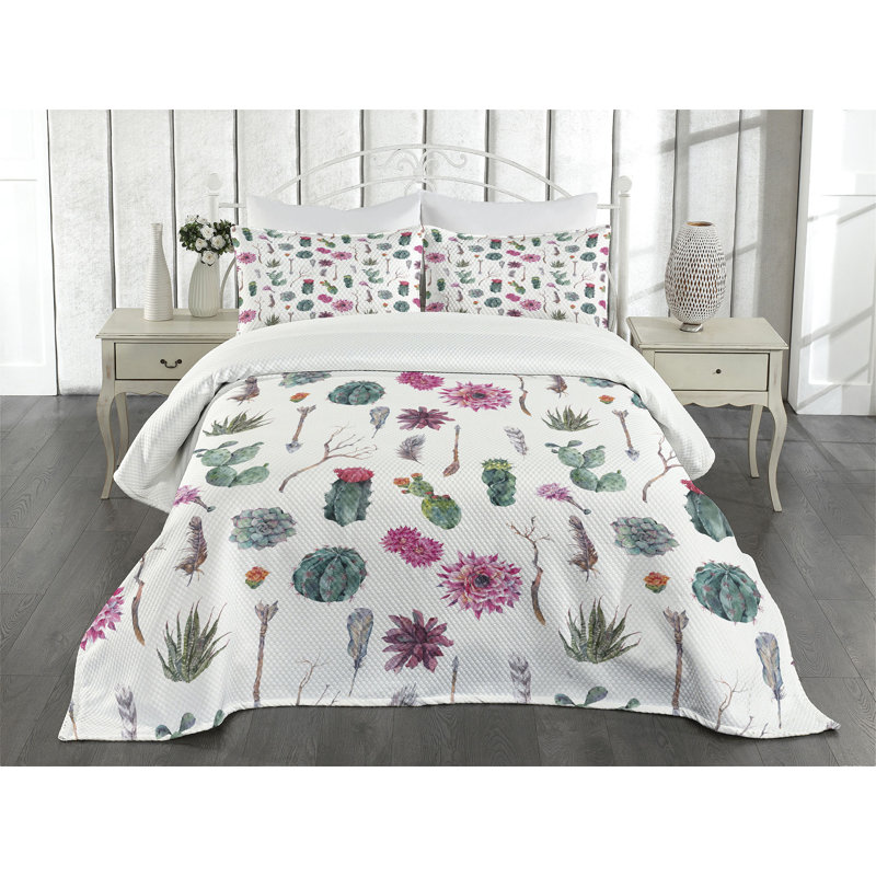 Ambesonne Cactus Bedspread Set Springtime in Hawaii Multicolor, King Bedspread + 2 Standard Shams