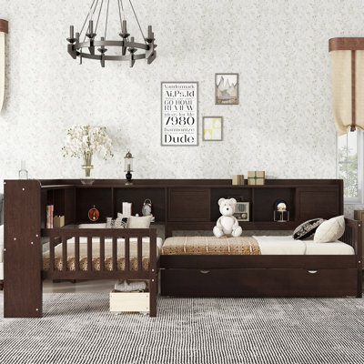 L-Shaped Solid Wood Daybed With Trundle And Storage Drawers