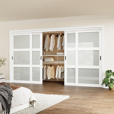3 portes de garde-robe coulissantes et givrées blanches, séparateur de pièce avec trousse de quincaillerie et poignées 3-Lite