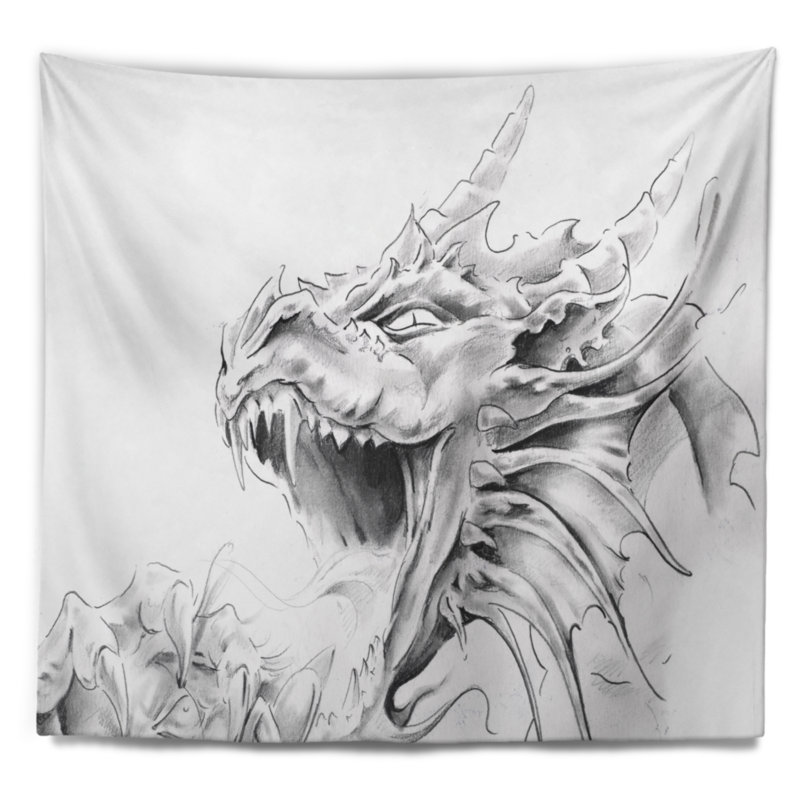 Tapisserie croquis de tatouage dragon, H 32 po x l 39 po
