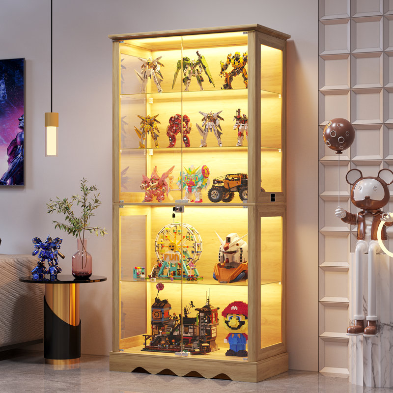 5-Tier Glass Display Cabinet with Tri-Color Sensor Light  and Lock, Natural