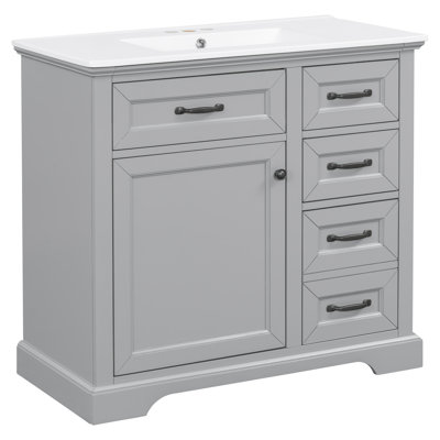 Meuble-lavabo avec lavabo en céramique, portes à fermeture en douceur et rangement intelligent - Finition gris clair