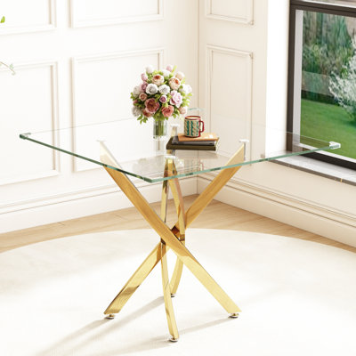 Brintney Contemporary Square Clear Dining Tempered Glass Table with Stainless Steel Legs,dinning table,dining room table by Wade Logan