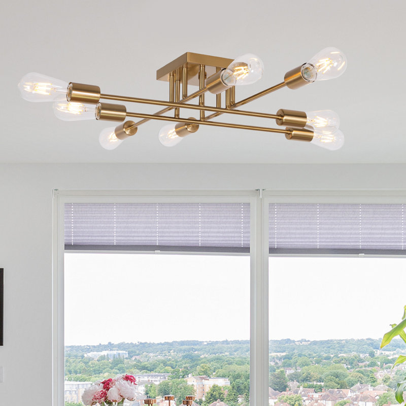 Plafonnier semi-encastré industriel à 4 lumières, lustre moderne en laiton brossé, plafonnier Spoutnik de style campagnard avec base E26 pour salon d'entrée