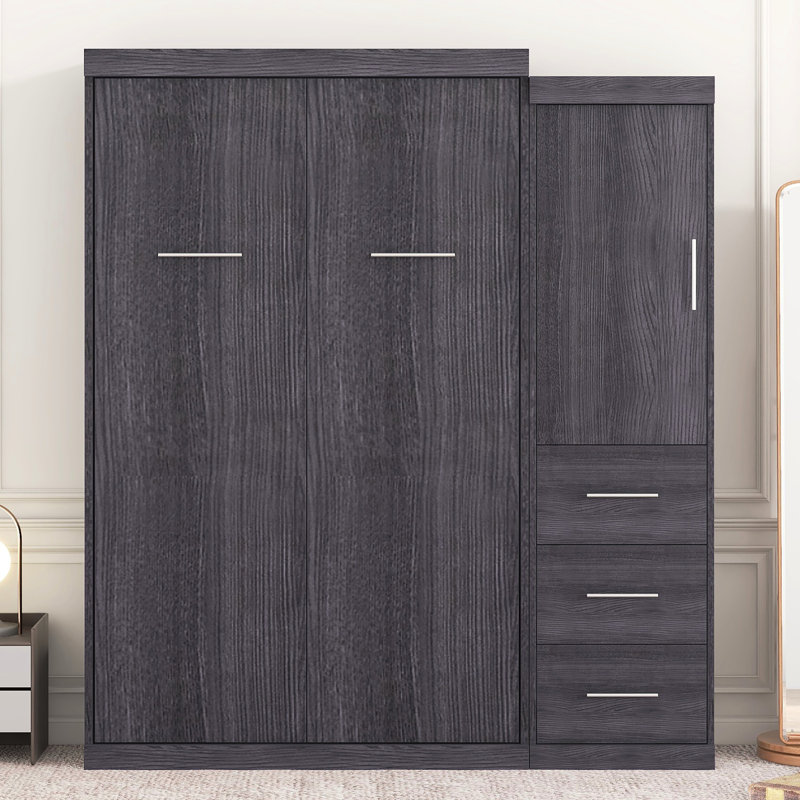 Lit simple gris avec armoire pliable pour le rangement, garde-robe, armoire de rangement à trois tiroirs, garde-robe et 3